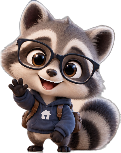 Kip, the raccoon guide, waving